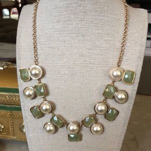 Goldtone Faux Pearl and Iridescent Green Resin Statement Necklace